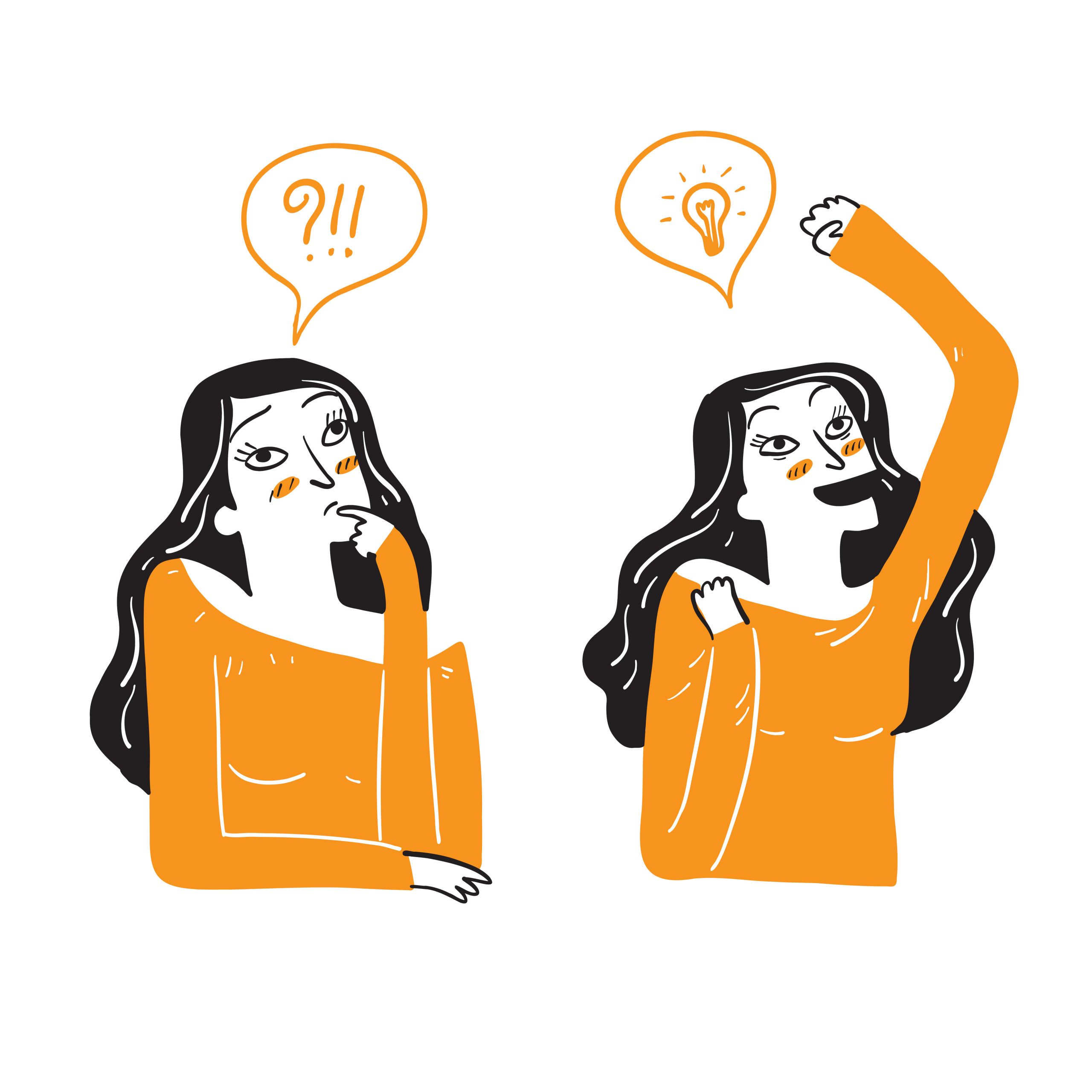 A beautiful woman is acting in doubt or emotion. Having a good idea, thinking about it.